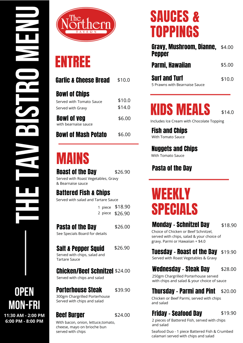 Menu, Northern Tavern | Bistro, Sports Bar & Bottle Shop