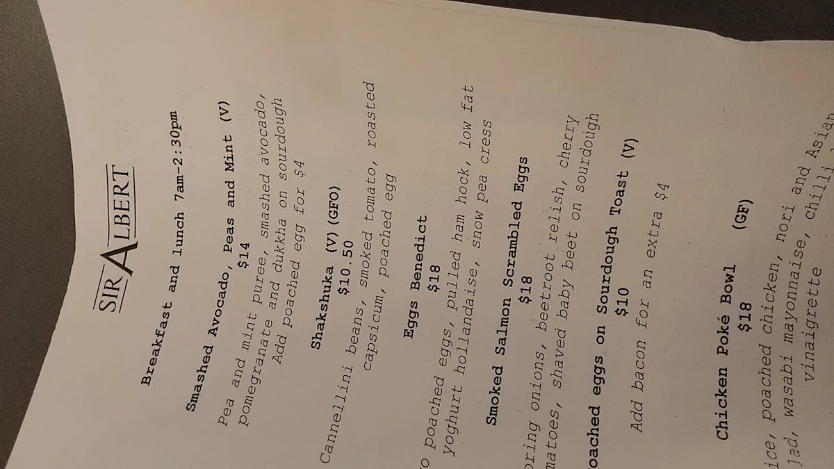 Menu, Sir Albert Cafe