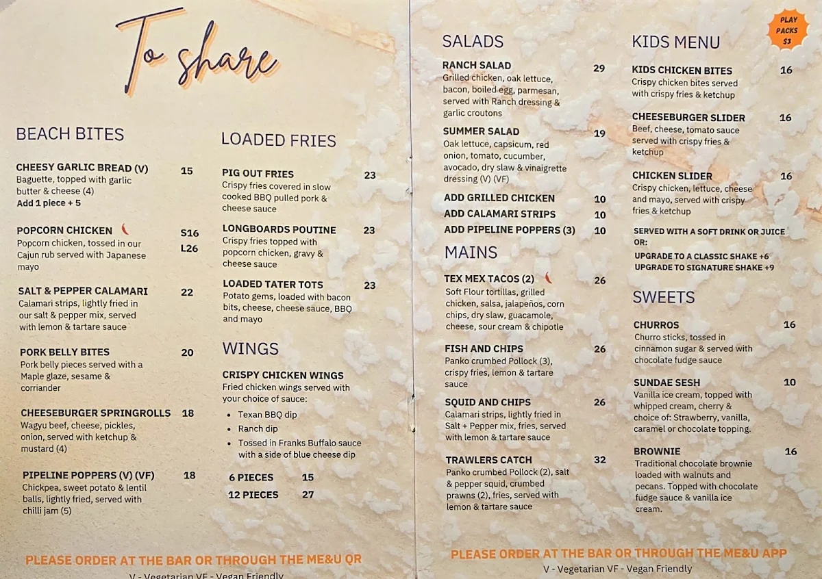 Menu, Longboards Laidback Eatery & Bar