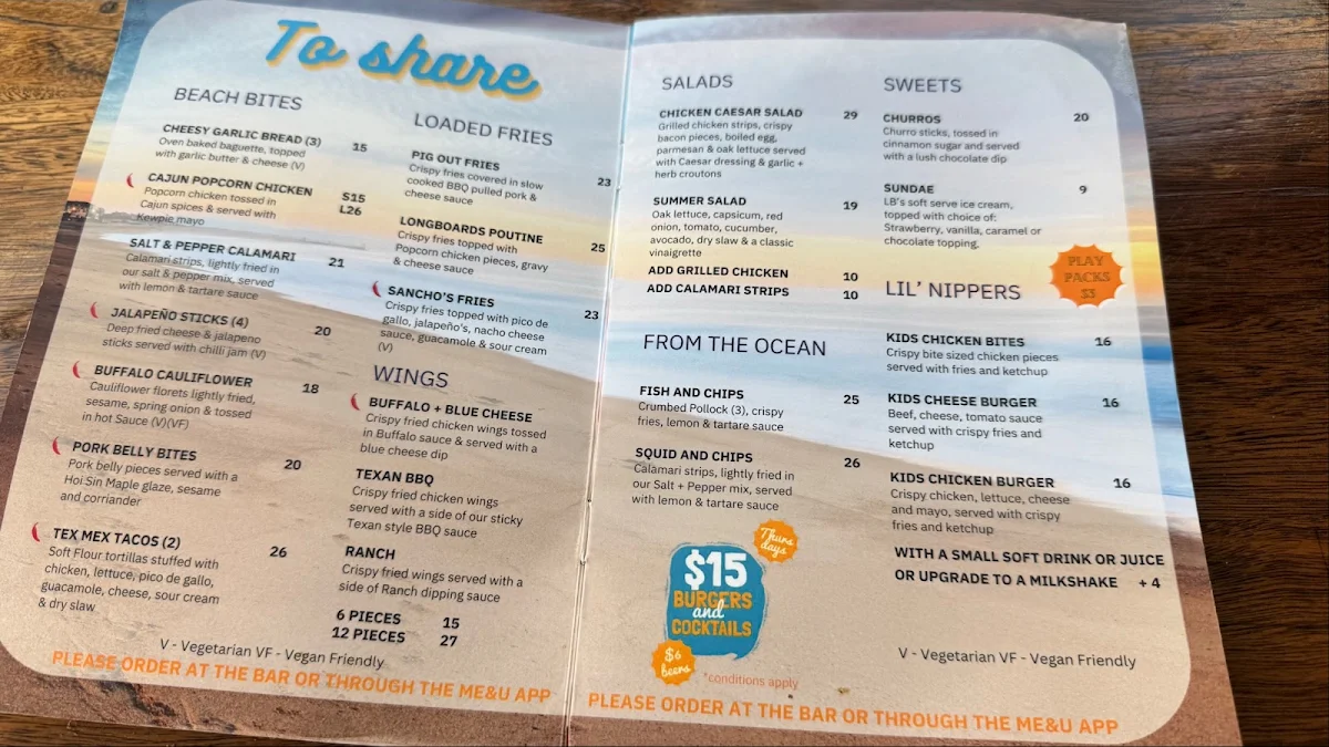 Menu, Longboards Laidback Eatery & Bar