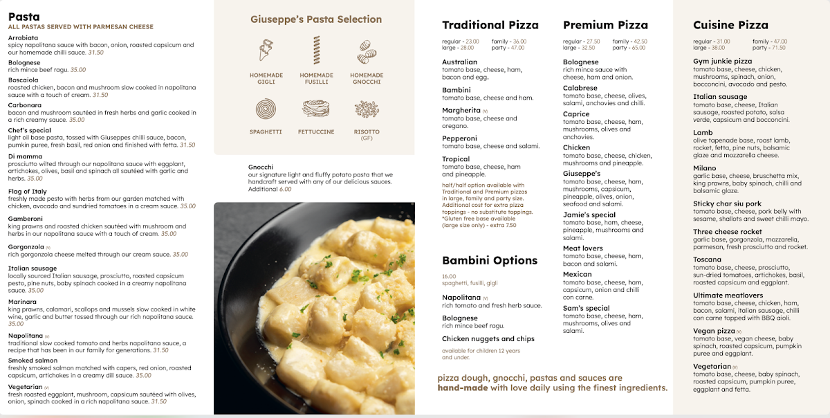 Menu, Giuseppe's Restaurant & Bar