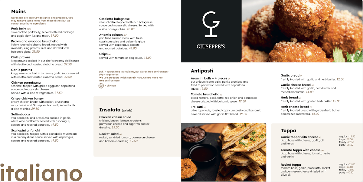 Menu, Giuseppe's Restaurant & Bar