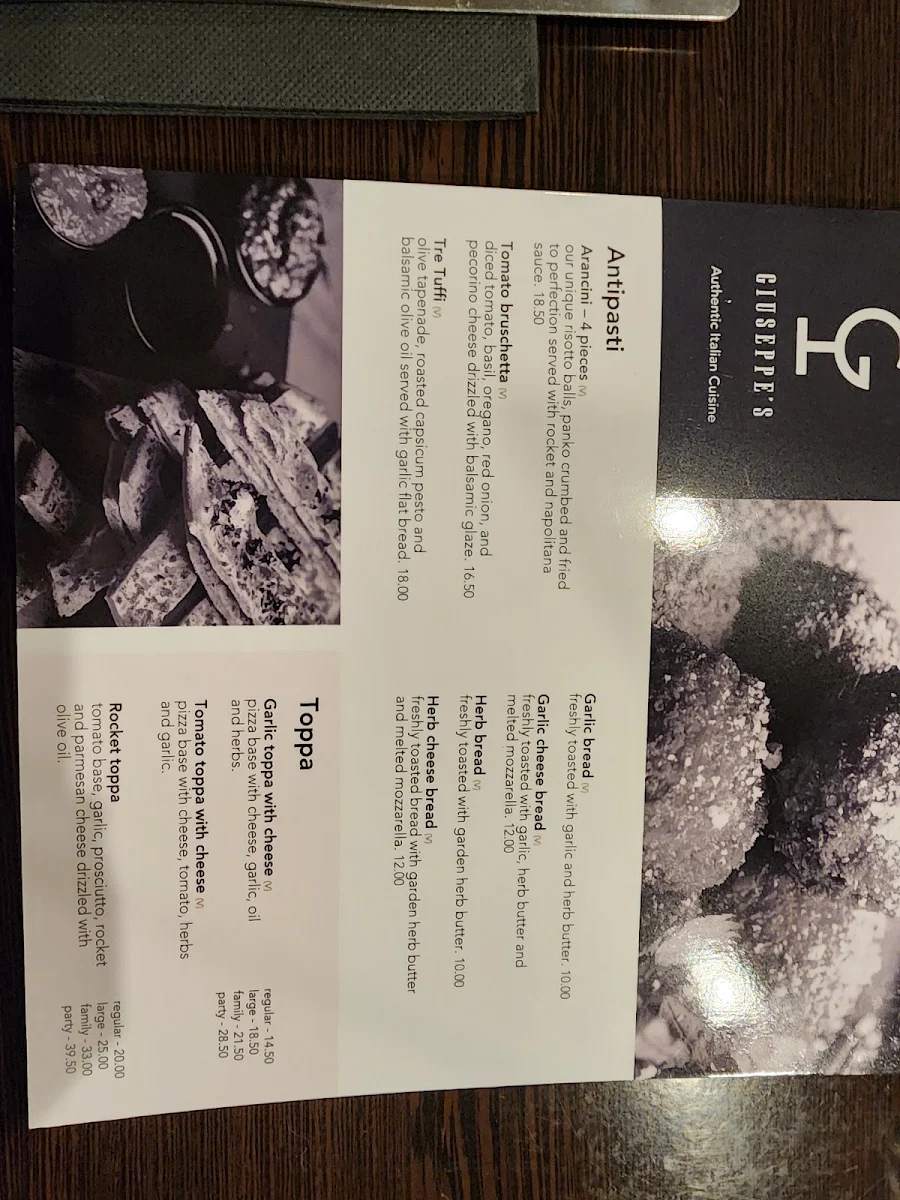 Menu, Giuseppe's Restaurant & Bar