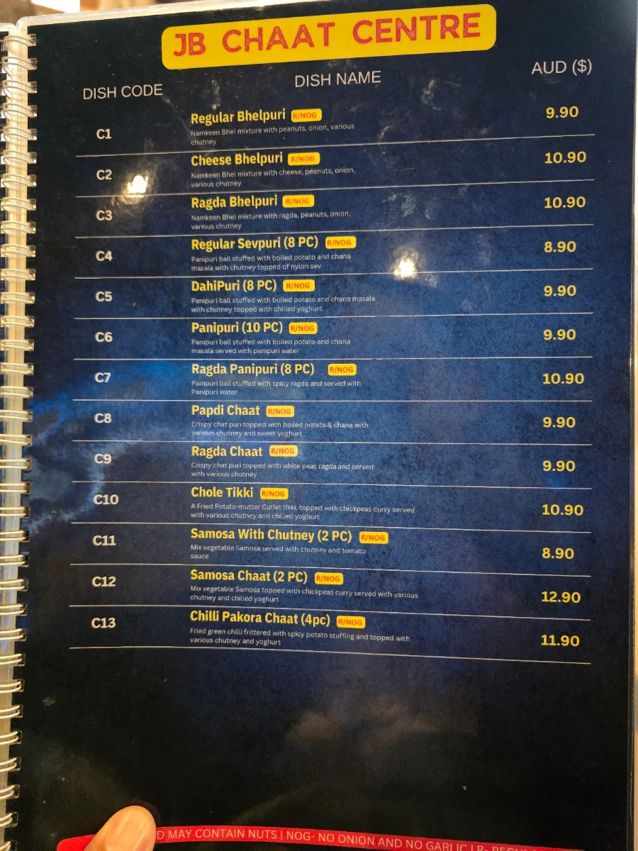 Menu, Jay Bhavani Brisbane - Indian Vegetarian Restaurant