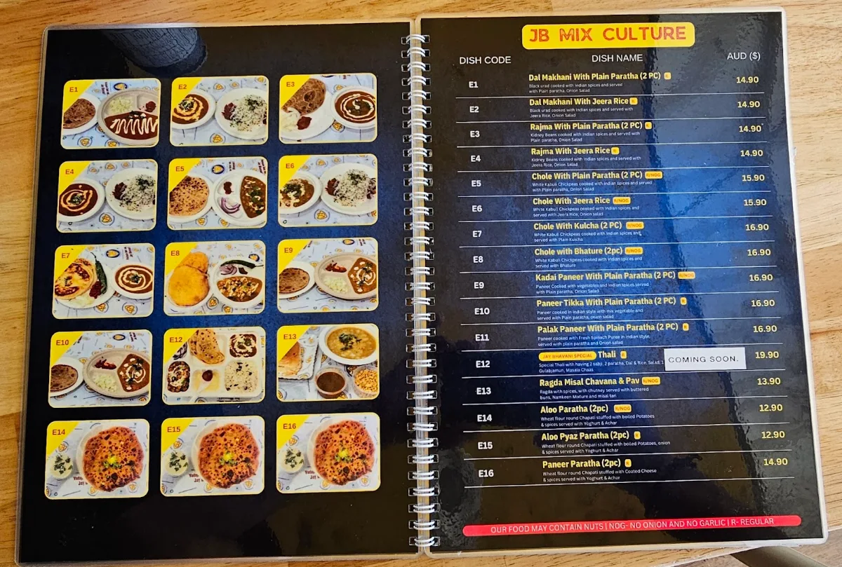 Menu, Jay Bhavani Brisbane - Indian Vegetarian Restaurant