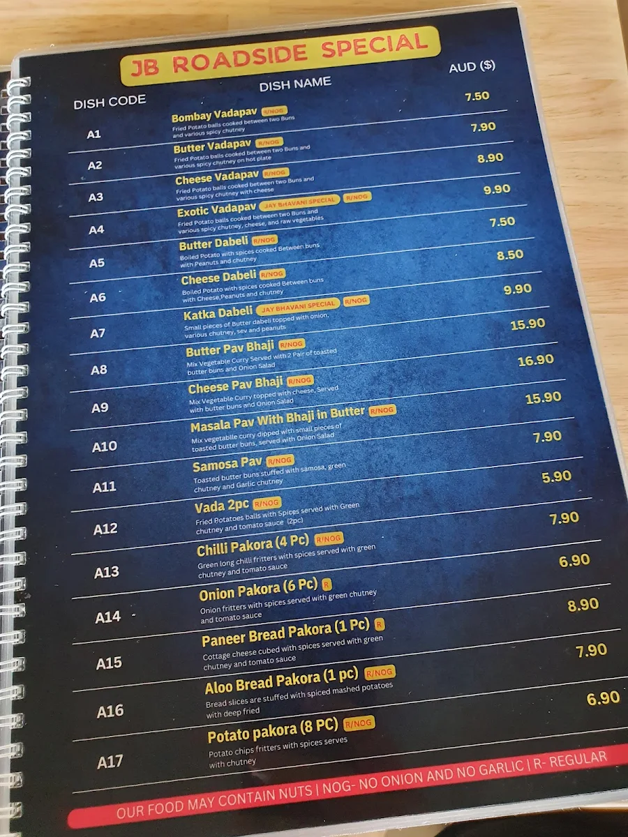 Menu, Jay Bhavani Brisbane - Indian Vegetarian Restaurant