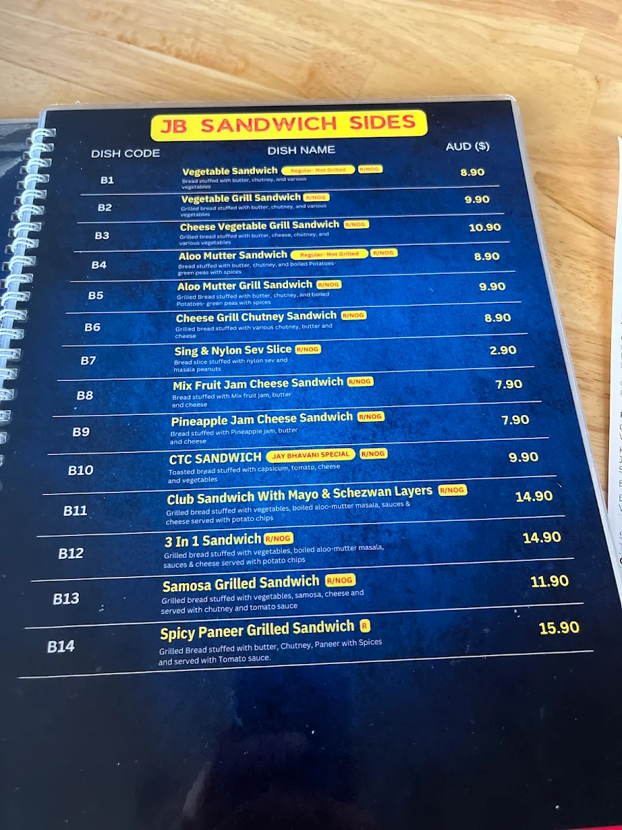 Menu, Jay Bhavani Brisbane - Indian Vegetarian Restaurant
