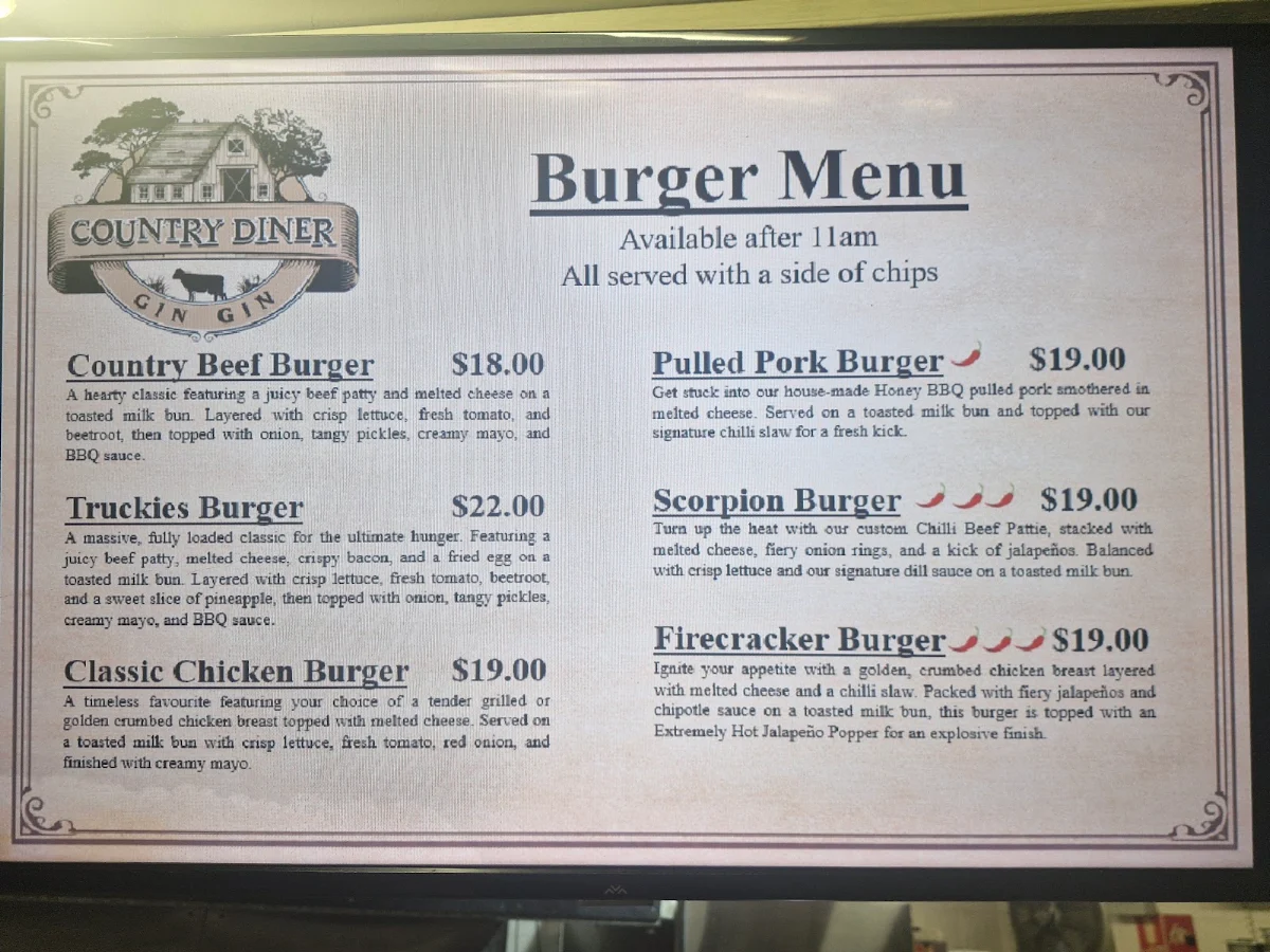 Menu, Country Diner (Starburst Diner)