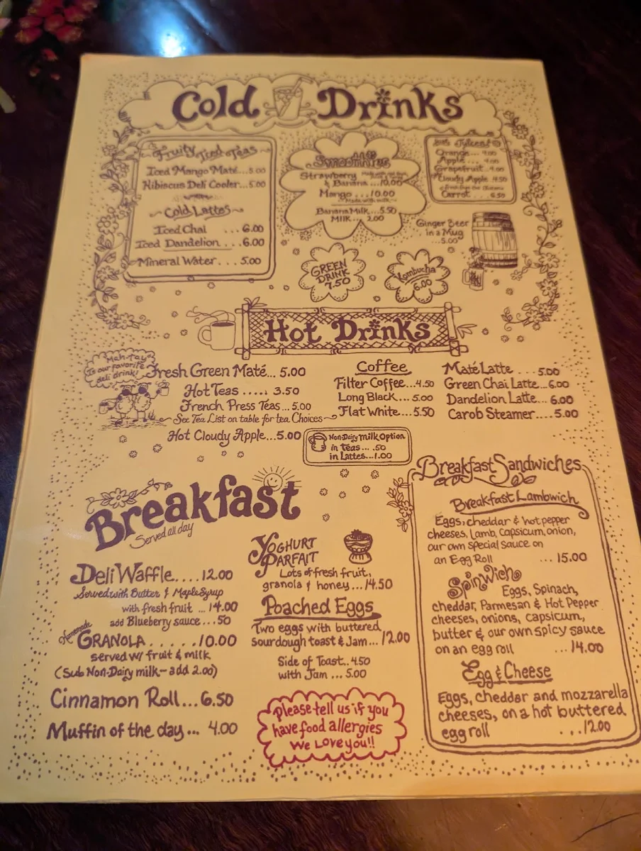 Menu, The Yellow Deli