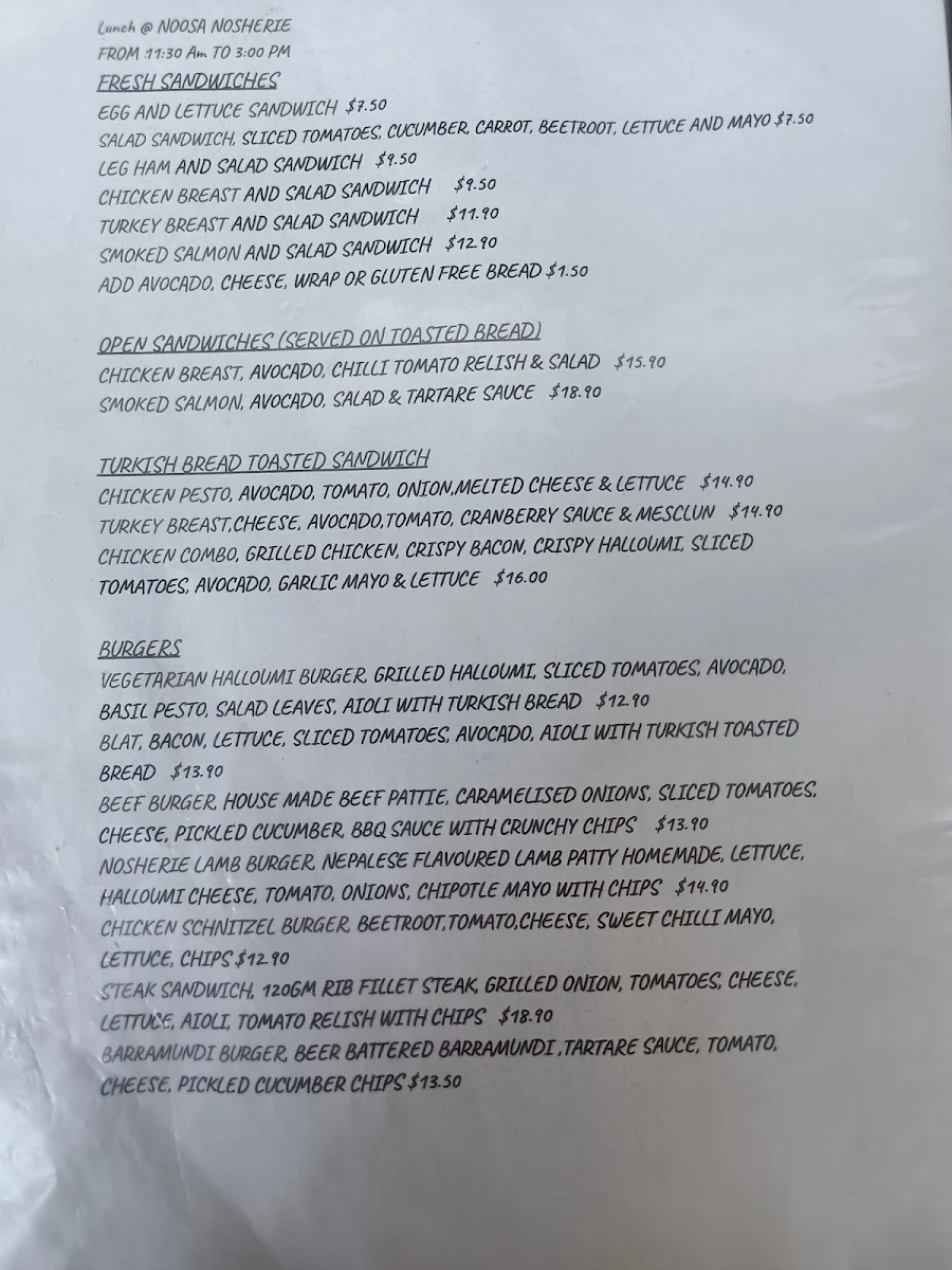 Menu, The Noosa Nosherie ( Quamby Cafe )