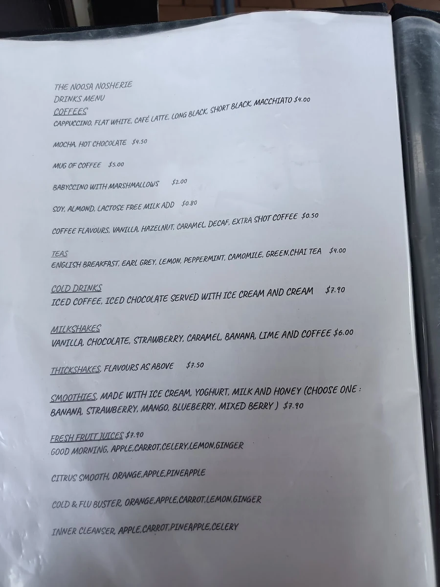 Menu, The Noosa Nosherie ( Quamby Cafe )