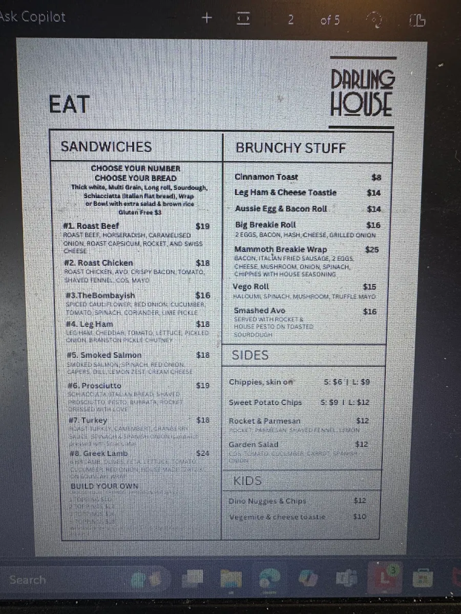 Menu, Darling House Deli