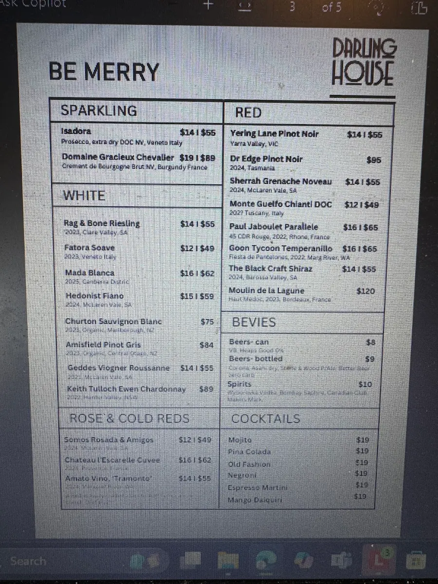 Menu, Darling House Deli