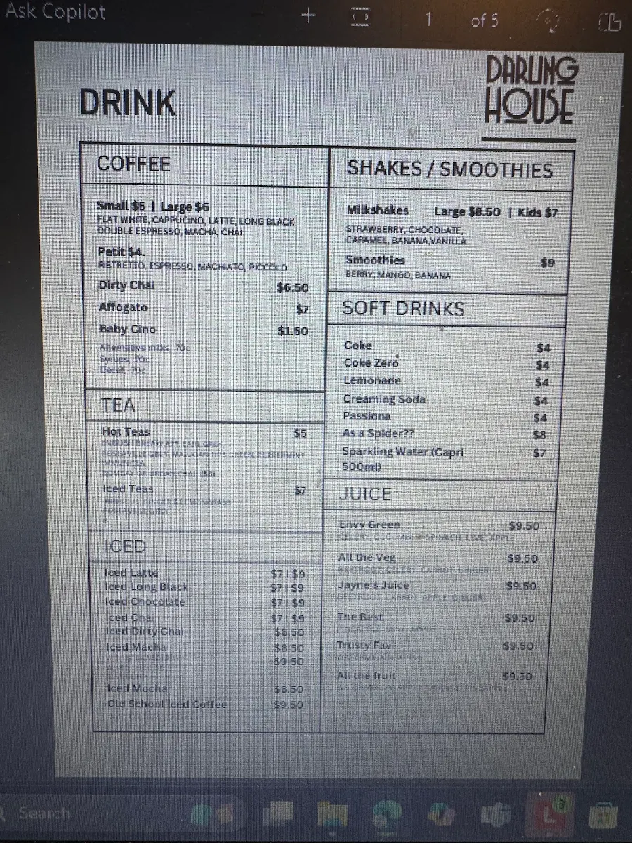 Menu, Darling House Deli