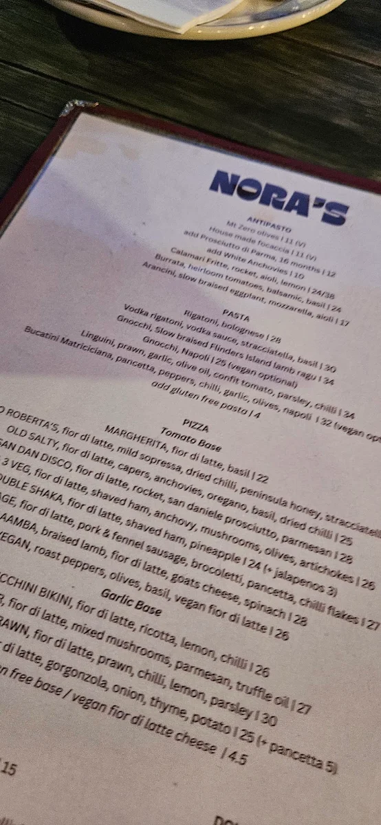 Menu, Nora’s Pizza House