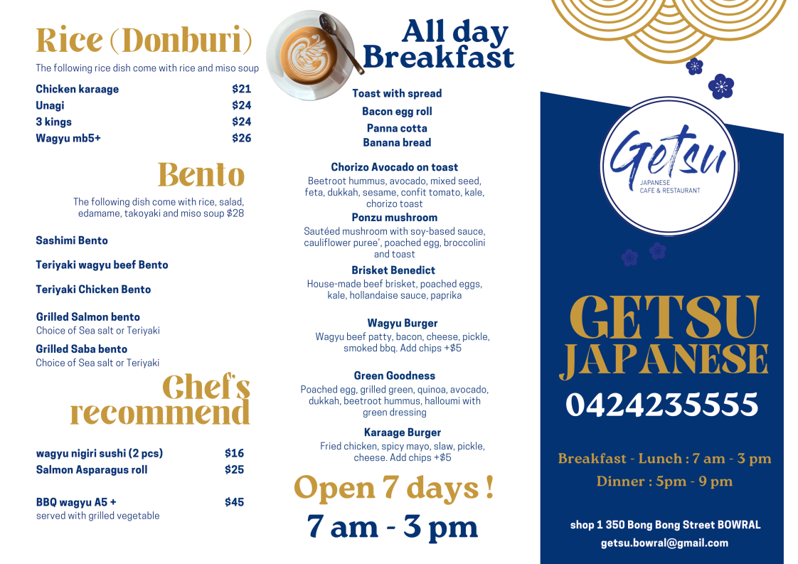 Menu, Getsu Japanese restaurant and cafe