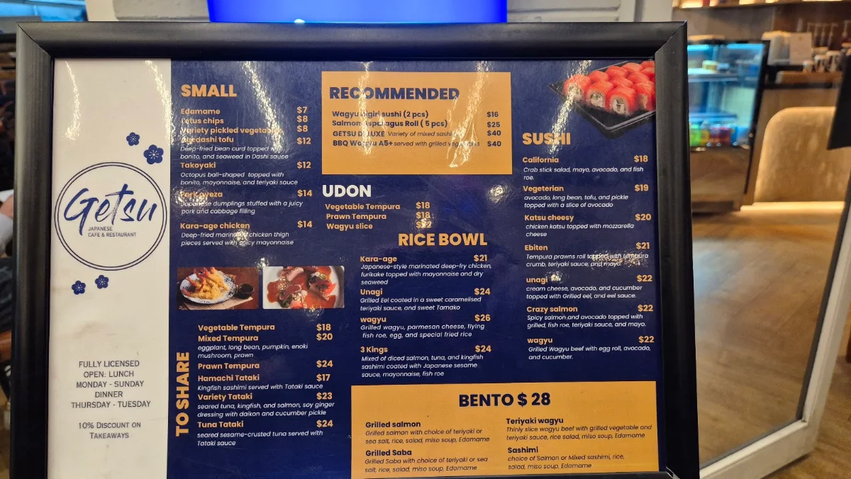 Menu, Getsu Japanese restaurant and cafe