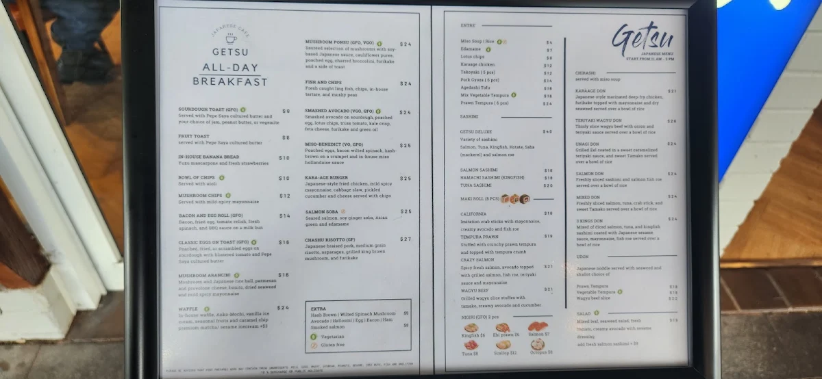 Menu, Getsu Japanese restaurant and cafe