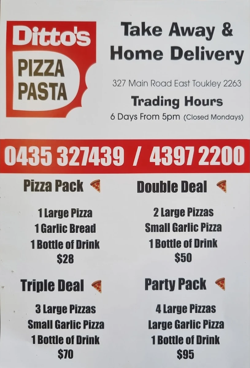 Menu, Ditto's Pizza & Pasta