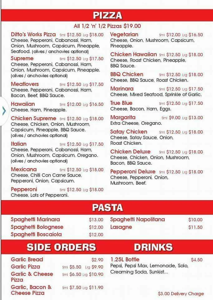 Menu, Ditto's Pizza & Pasta