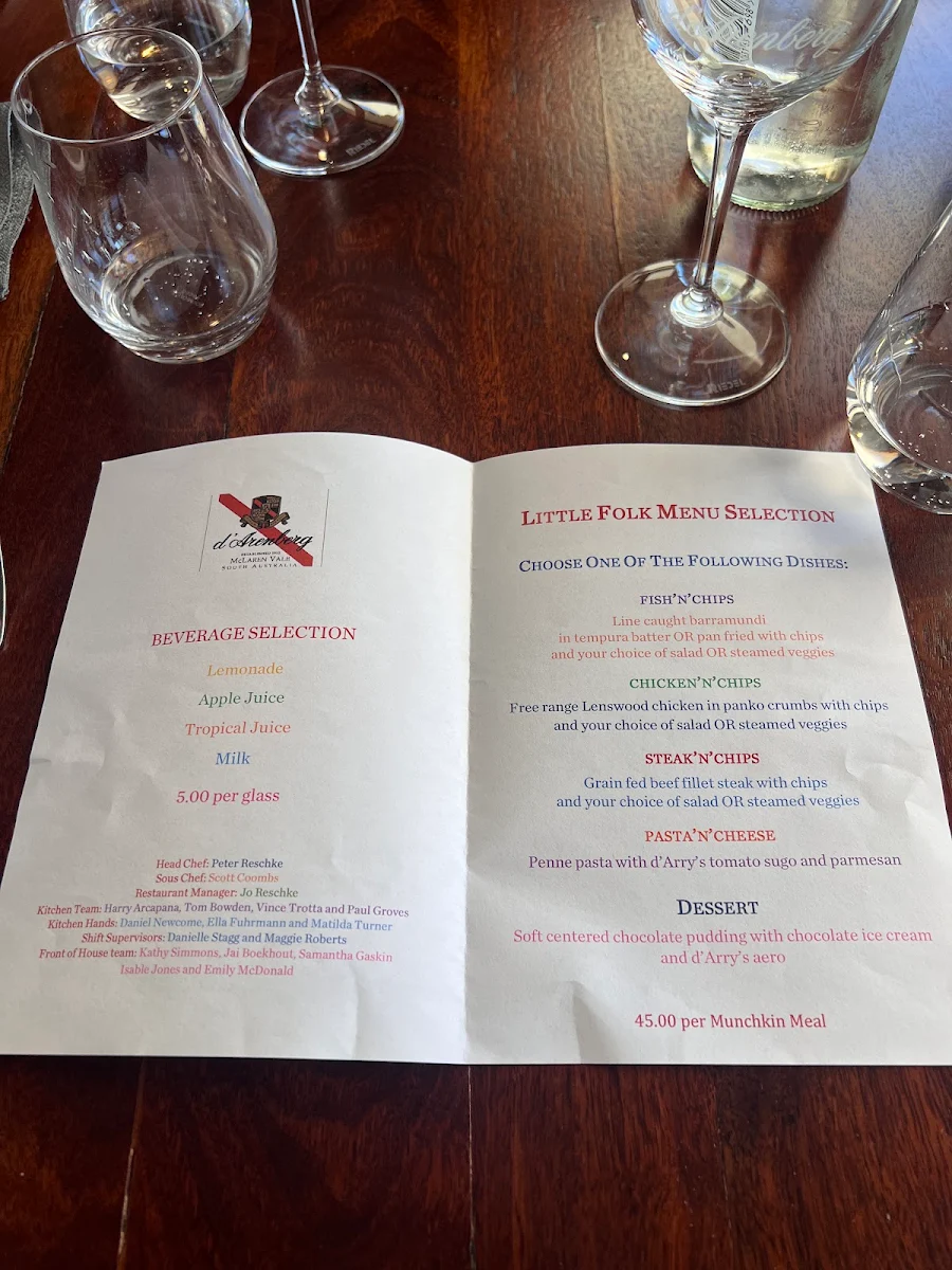 Menu, d'Arry's Verandah Restaurant