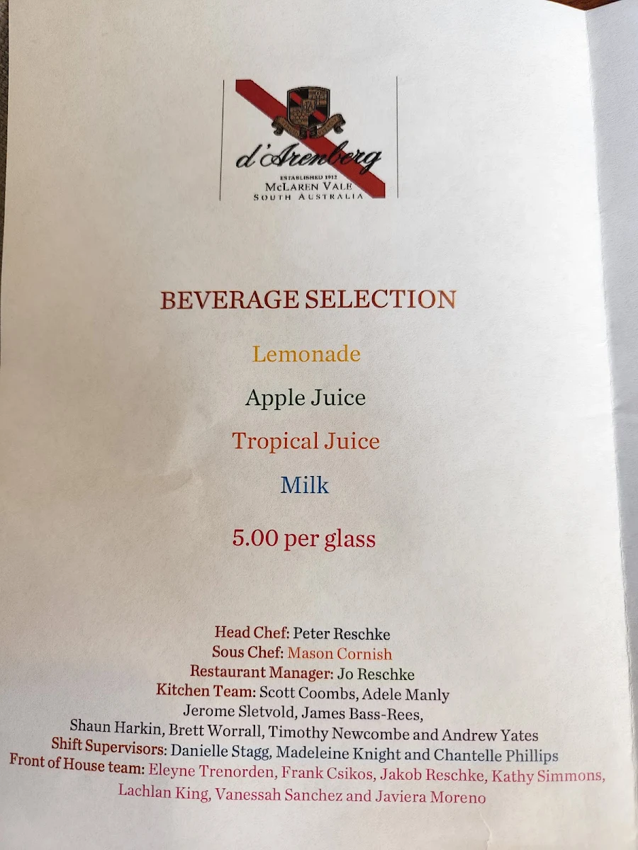 Menu, d'Arry's Verandah Restaurant