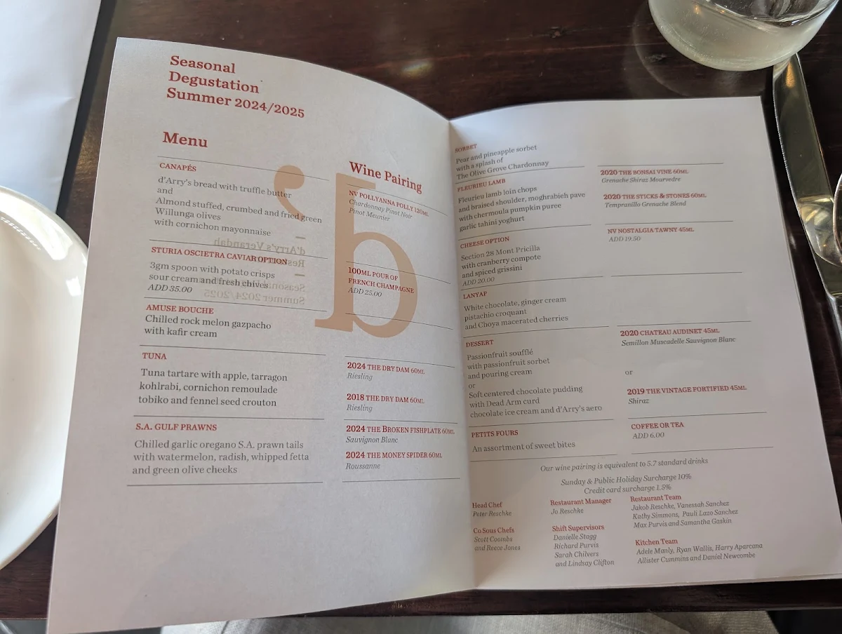 Menu, d'Arry's Verandah Restaurant