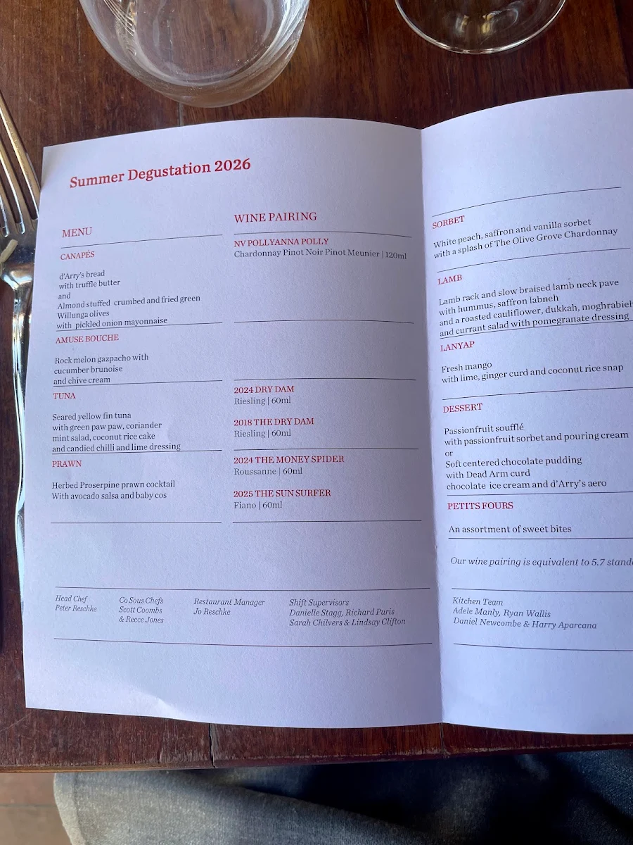 Menu, d'Arry's Verandah Restaurant