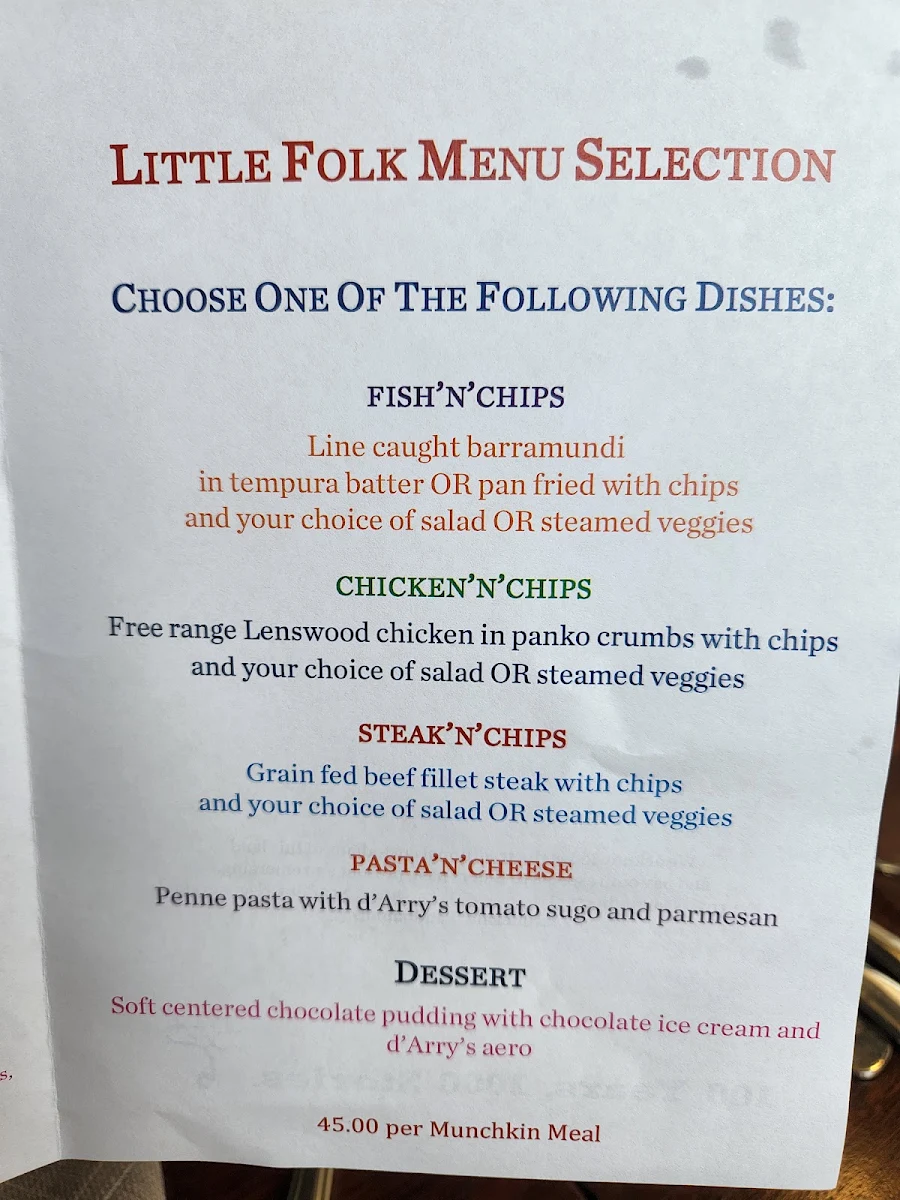 Menu, d'Arry's Verandah Restaurant