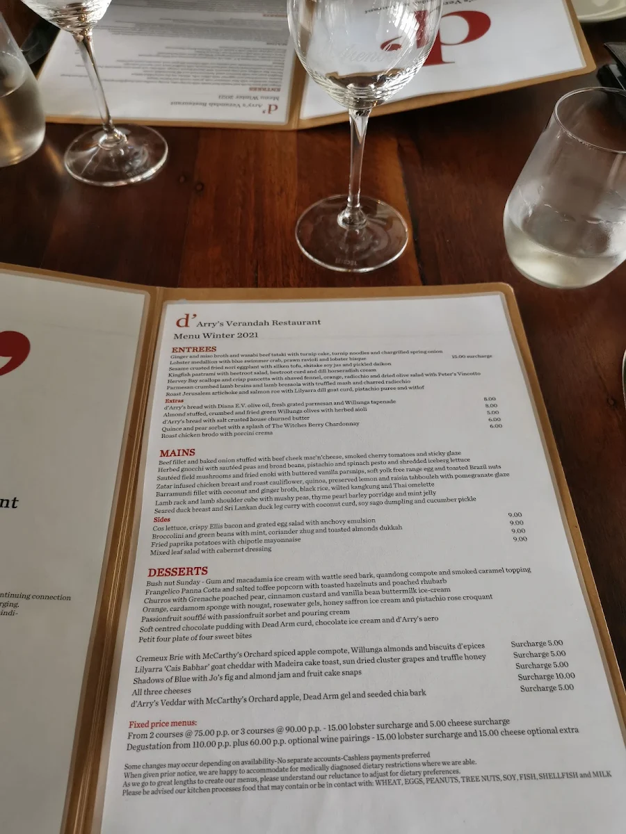 Menu, d'Arry's Verandah Restaurant