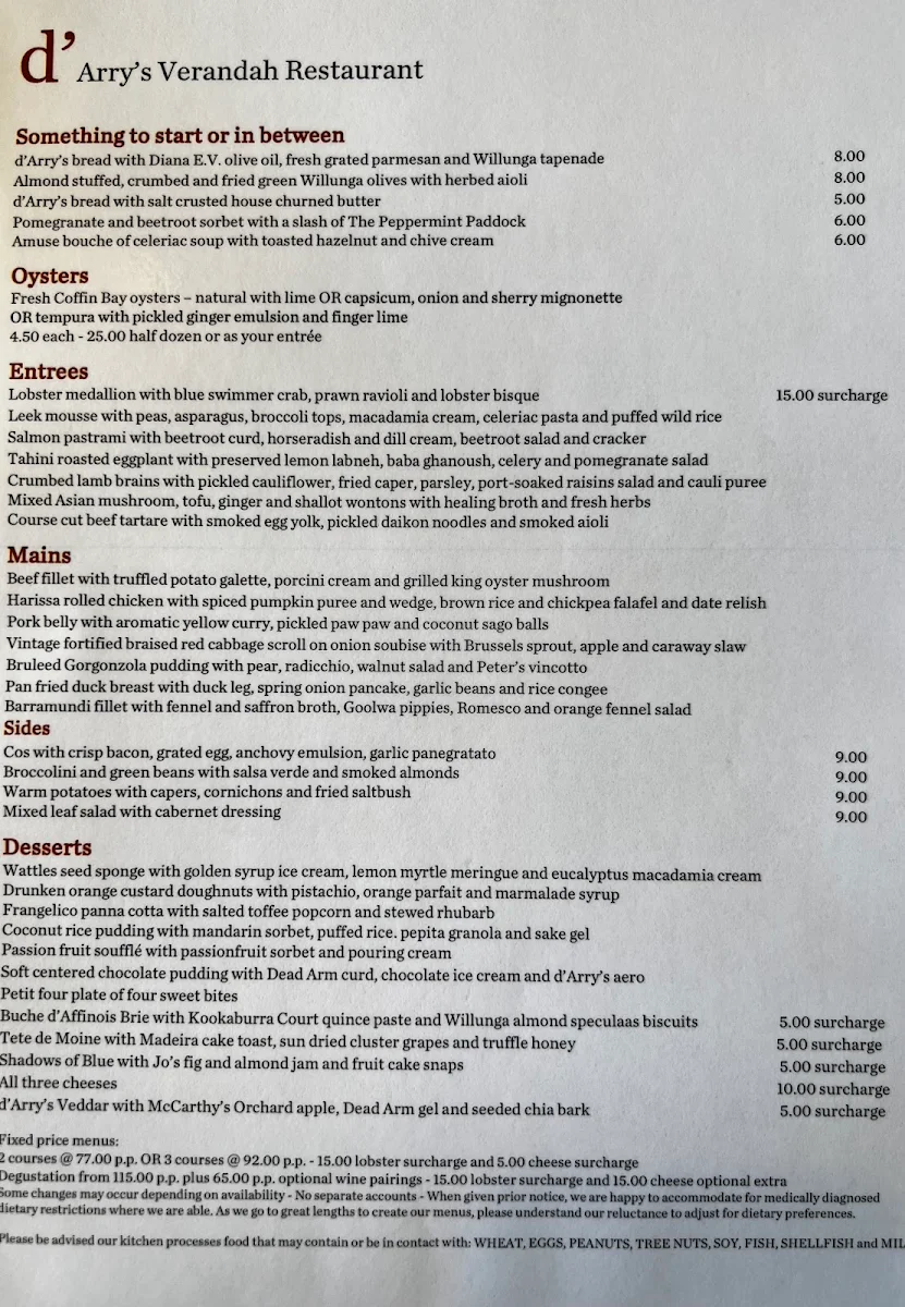 Menu, d'Arry's Verandah Restaurant
