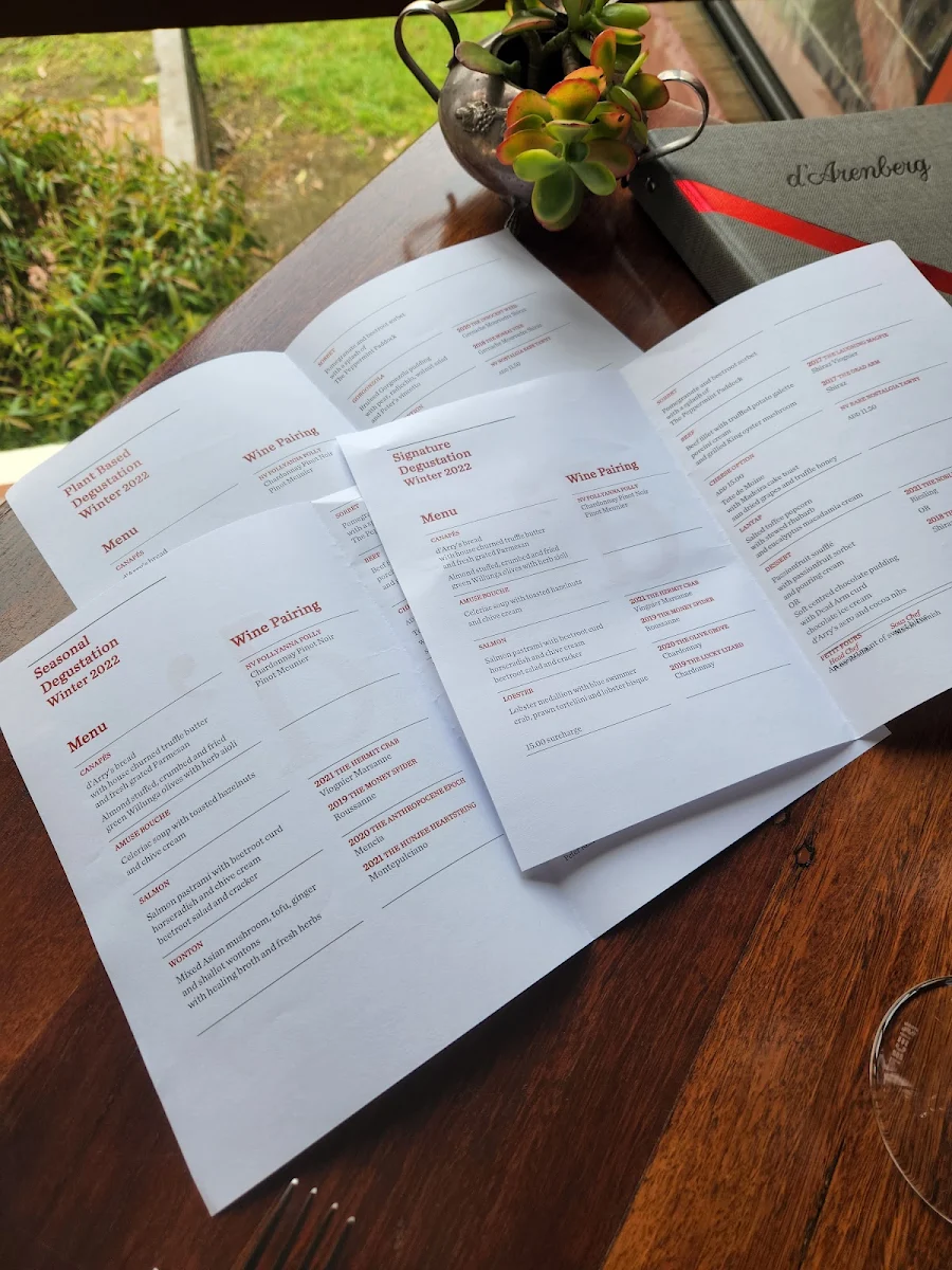 Menu, d'Arry's Verandah Restaurant