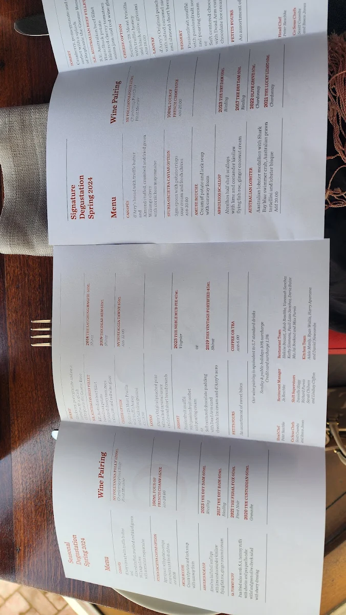 Menu, d'Arry's Verandah Restaurant