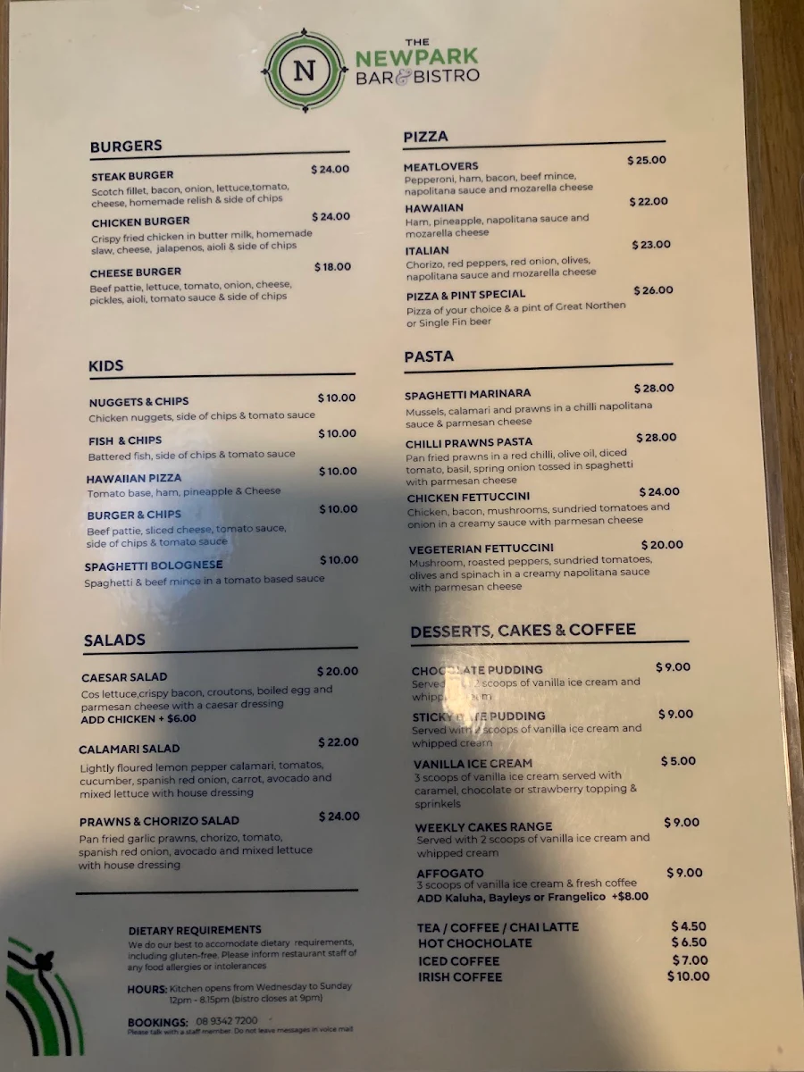 Menu, Newpark Bar & Bistro