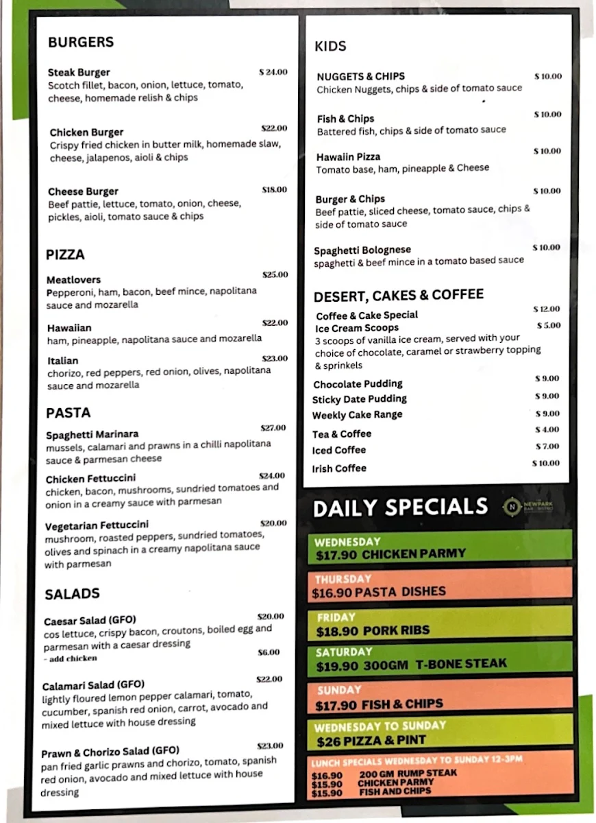 Menu, Newpark Bar & Bistro