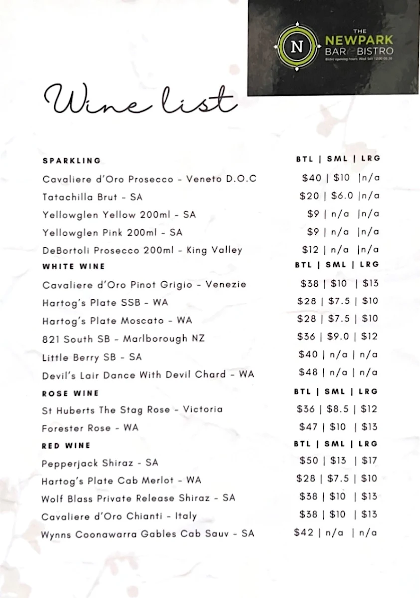Menu, Newpark Bar & Bistro