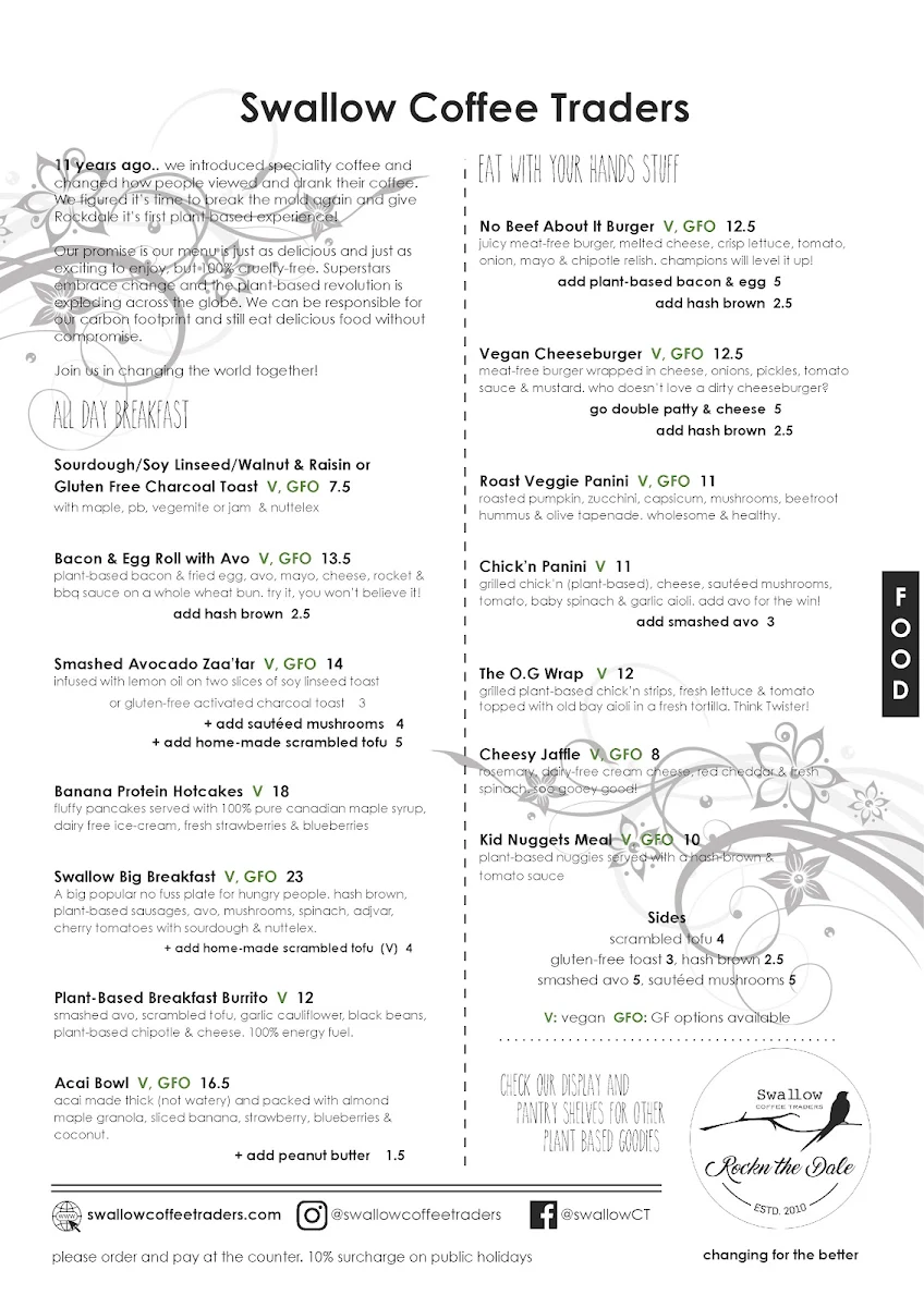Menu, Swallow Cafe Rockdale
