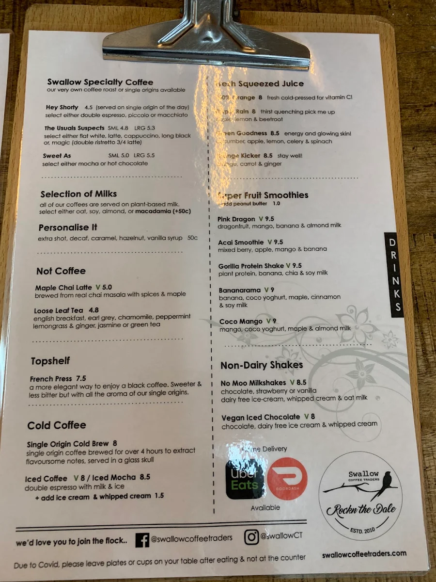 Menu, Swallow Cafe Rockdale