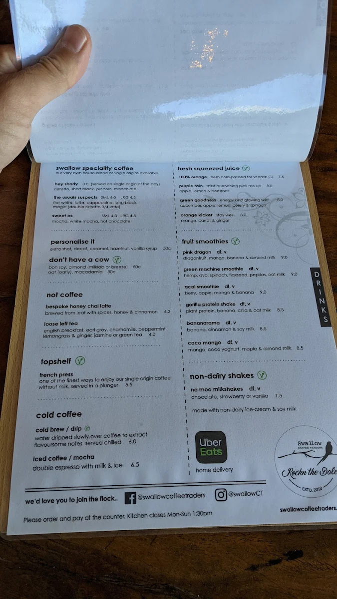 Menu, Swallow Cafe Rockdale