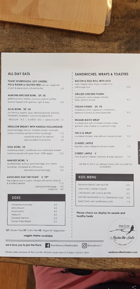 Menu, Swallow Cafe Rockdale