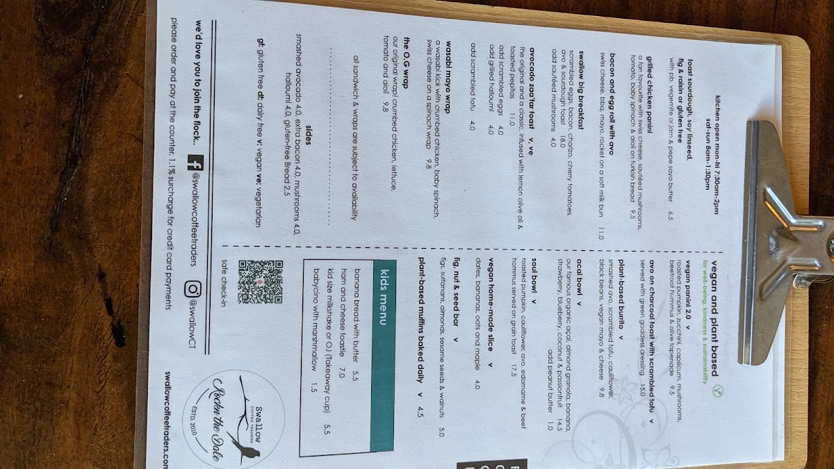 Menu, Swallow Cafe Rockdale
