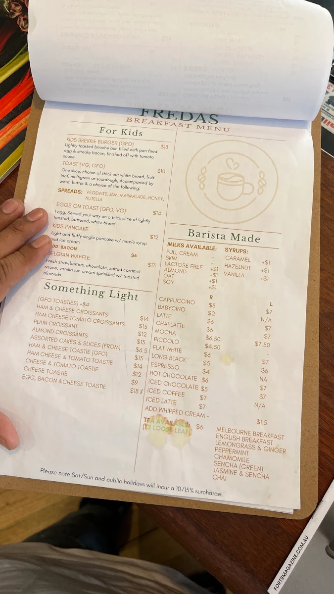 Menu, Freda’s Cafe Restaurant Bar