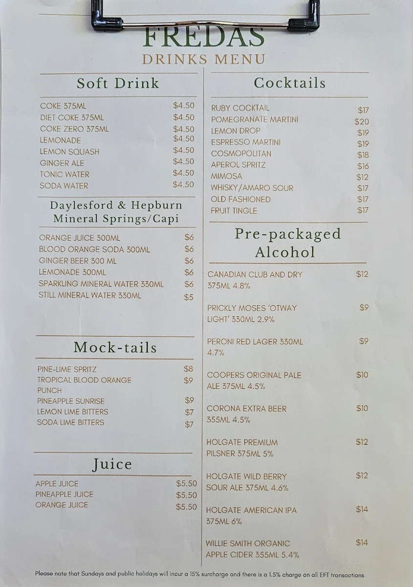 Menu, Freda’s Cafe Restaurant Bar