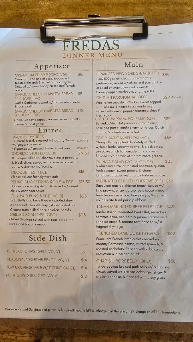 Menu, Freda’s Cafe Restaurant Bar