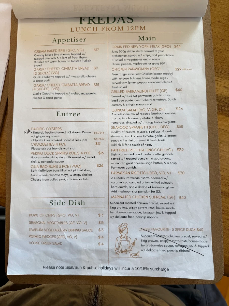 Menu, Freda’s Cafe Restaurant Bar