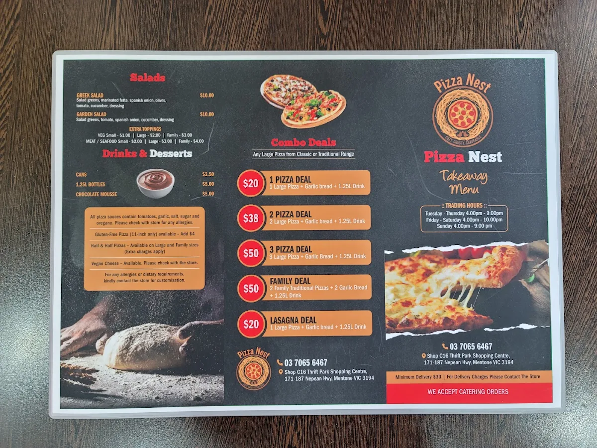 Menu, Pizza Nest