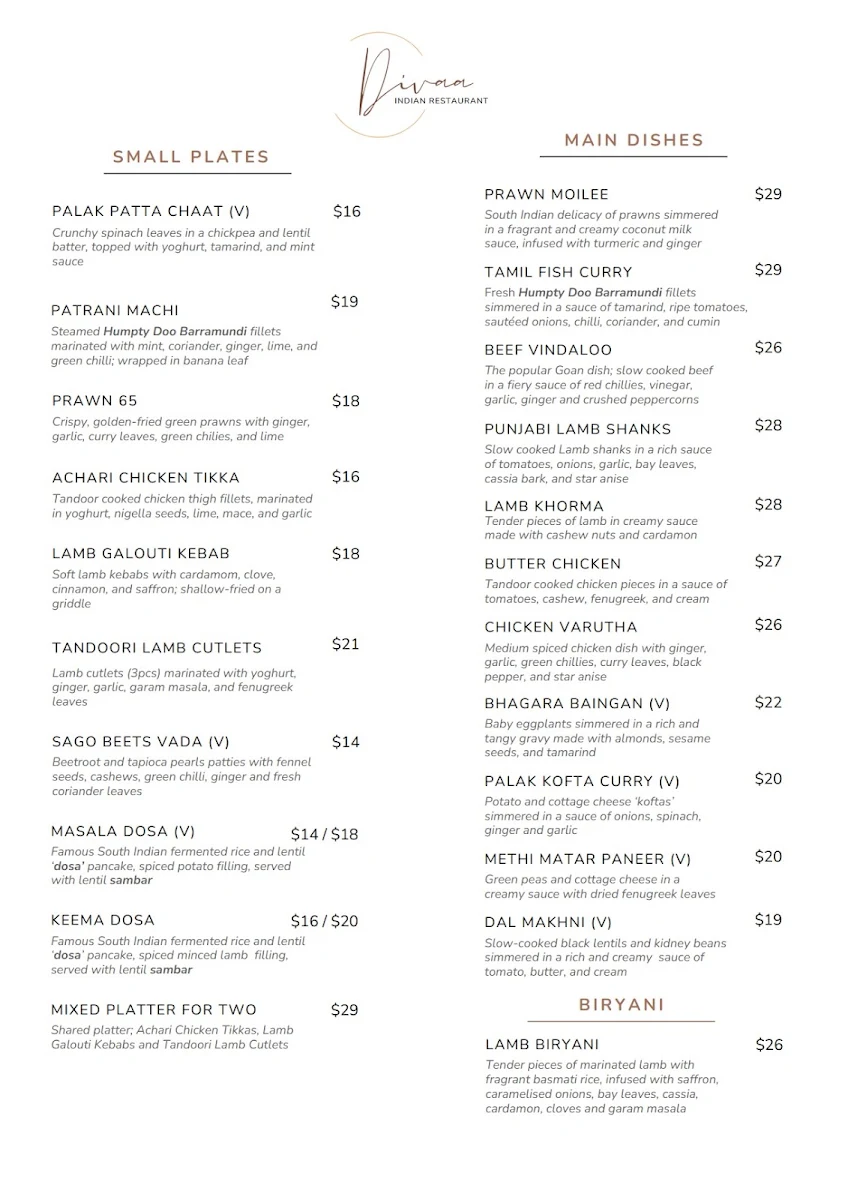 Menu, Divaa Indian Restaurant