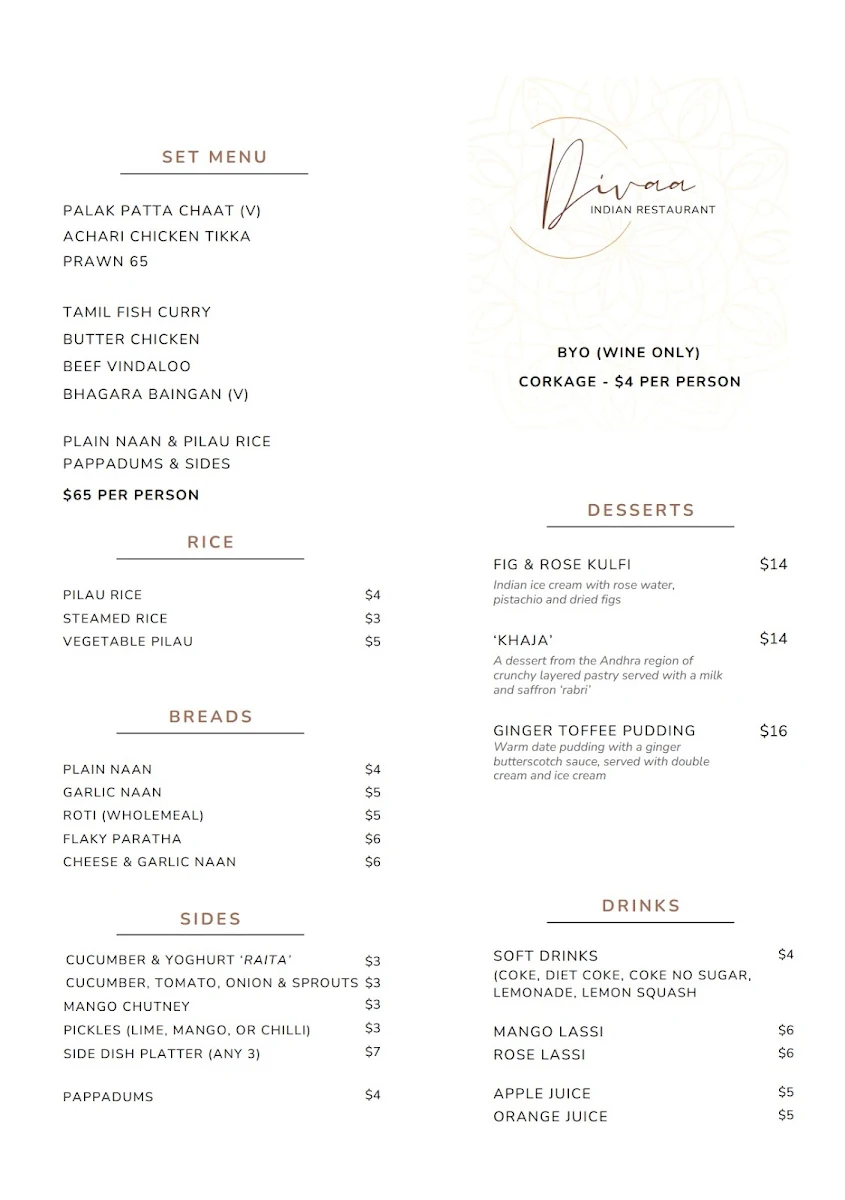 Menu, Divaa Indian Restaurant