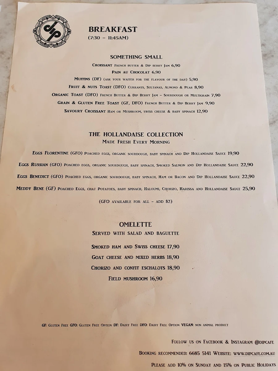 Menu, Dip Cafe