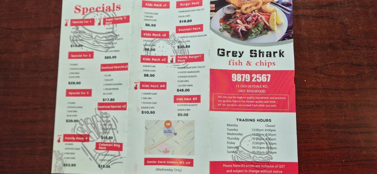 Menu, Grey Shark Fish & Chips